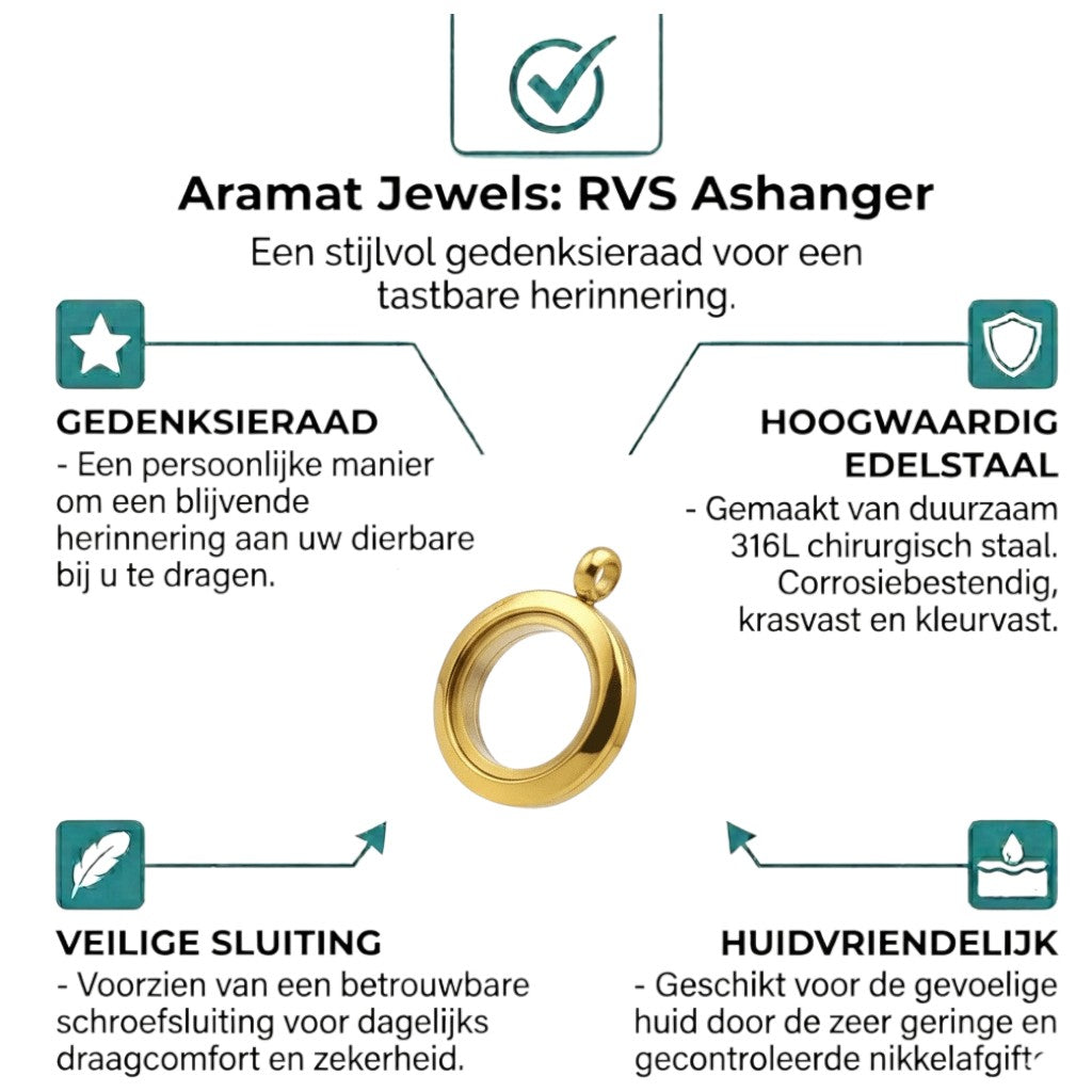 Aramat Jewels® goudkleurige RVS ronde ashanger, 15mm, waterbestendig, met schroefsluiting. Zonder ketting.