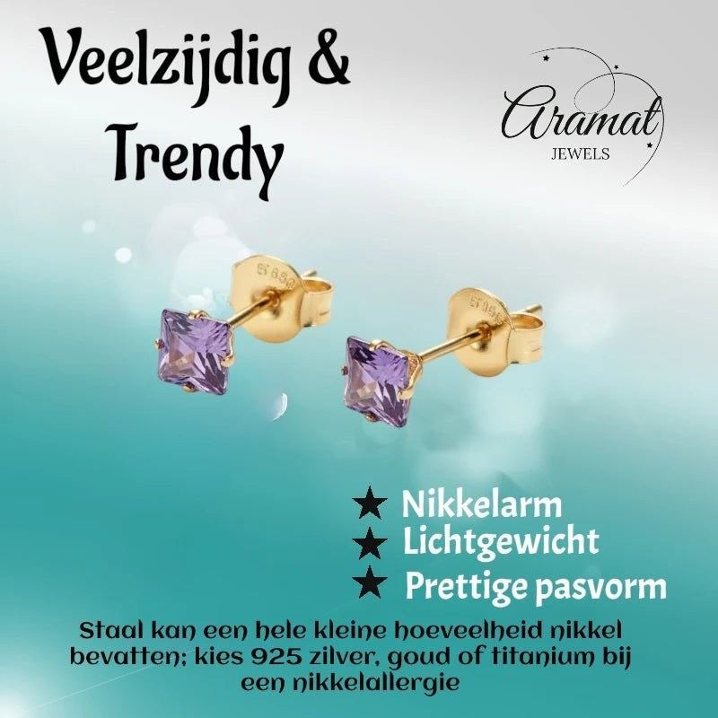 Aramat Jewels goudkleurige oorbellen met 4mm vierkante paarse zirkonia, gemaakt van RVS.