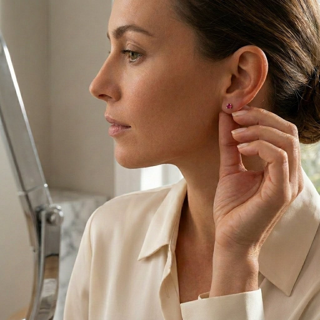 Aramat Jewels oorstekers van goudkleurig RVS met een 3 mm rode zirkonia, subtiel en elegant.