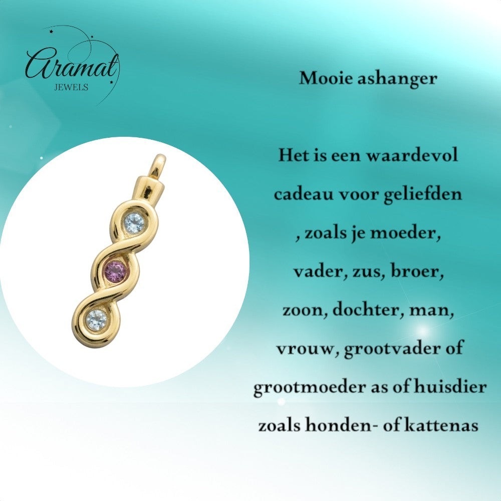 Aramat Jewels® gouden stalen ashanger met zirkonia en blauwe steentjes, infinity design, gedenksieraad zonder ketting.