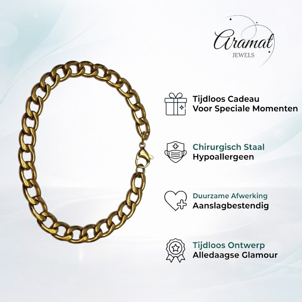 Aramat Jewels gouden gourmet schakelarmband van staal, 7.5mm breed en 22cm lang, met karabijnsluiting.