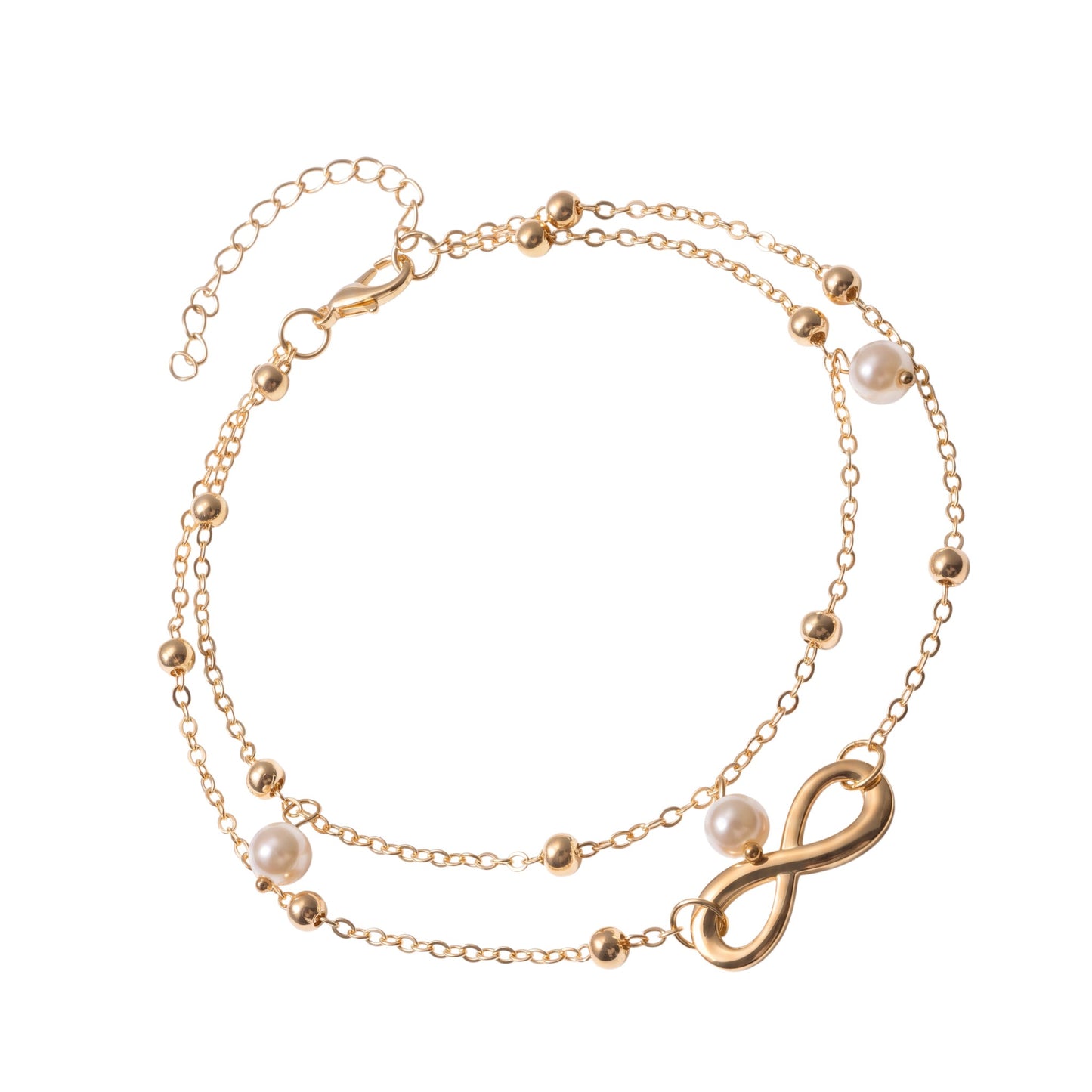 Aramat Jewels dubbel goudkleurig enkelbandje met infinity symbool en parels voor een elegante zomerse look.
