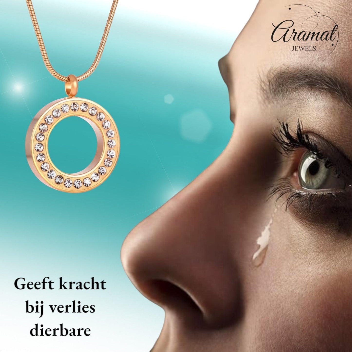 Aramat Jewels® goudkleurige cirkel ashanger met kristallen, gemaakt van roestvrij staal, zonder ketting.