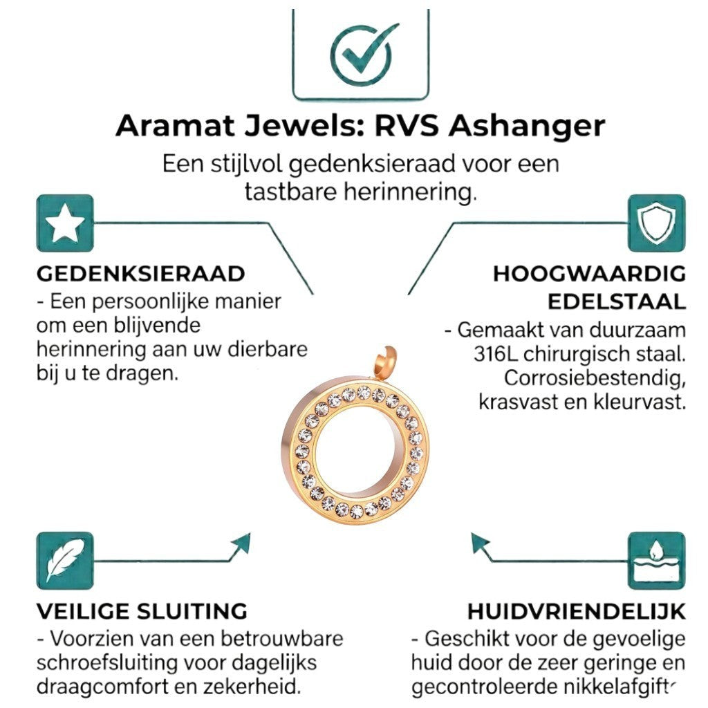 Aramat Jewels® goudkleurige cirkel ashanger met kristallen, gemaakt van roestvrij staal.