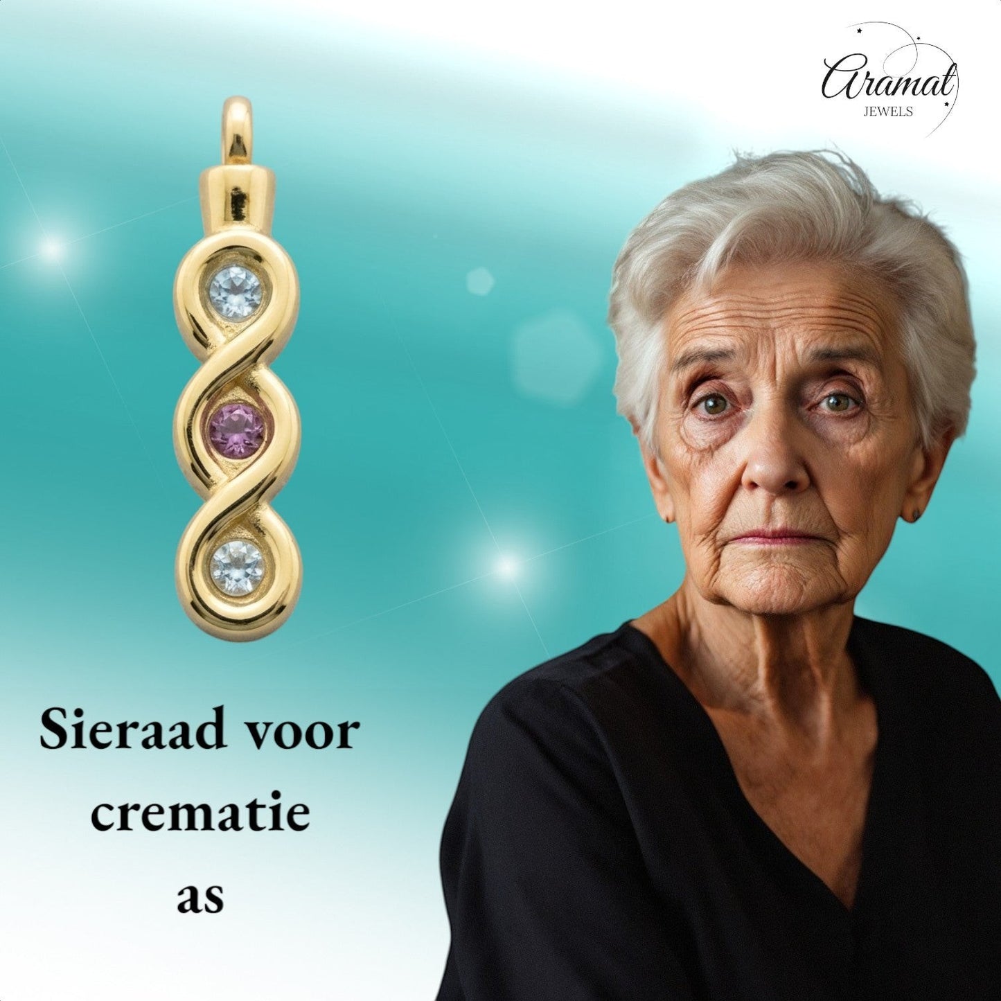 Aramat Jewels® goudkleurige stalen ashanger met zirkonia en blauwe steentjes, infinity design, zonder ketting.