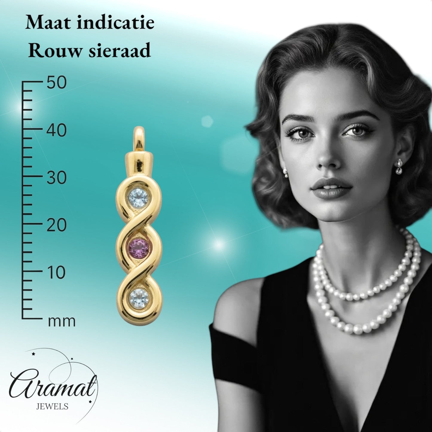 Aramat Jewels® goudkleurige stalen ashanger met zirkonia en blauwe steentjes, infinity design, zonder ketting.