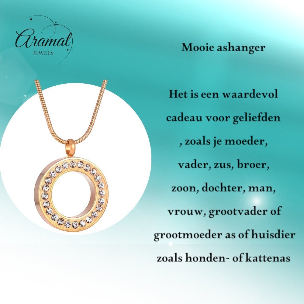 Aramat Jewels® goudkleurige cirkel ashanger met kristallen, gemaakt van roestvrij staal.