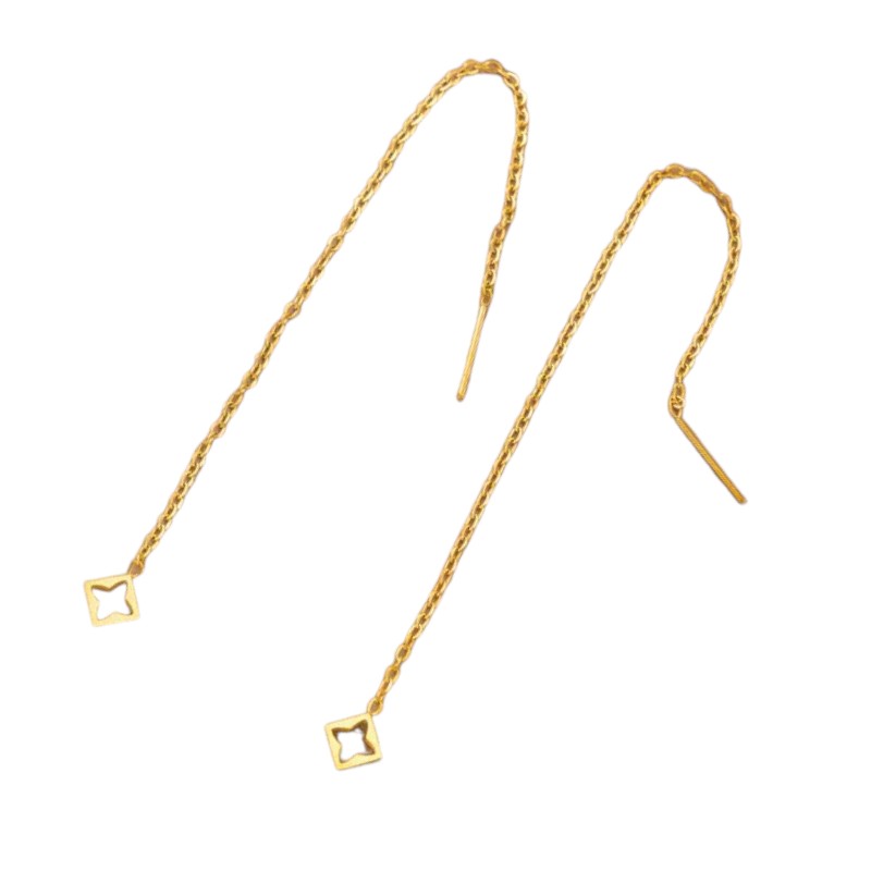 Aramat Jewels goudkleurige RVS doortrek oorbellen met een vierkante hanger in open bloemvorm van 8 cm lang.