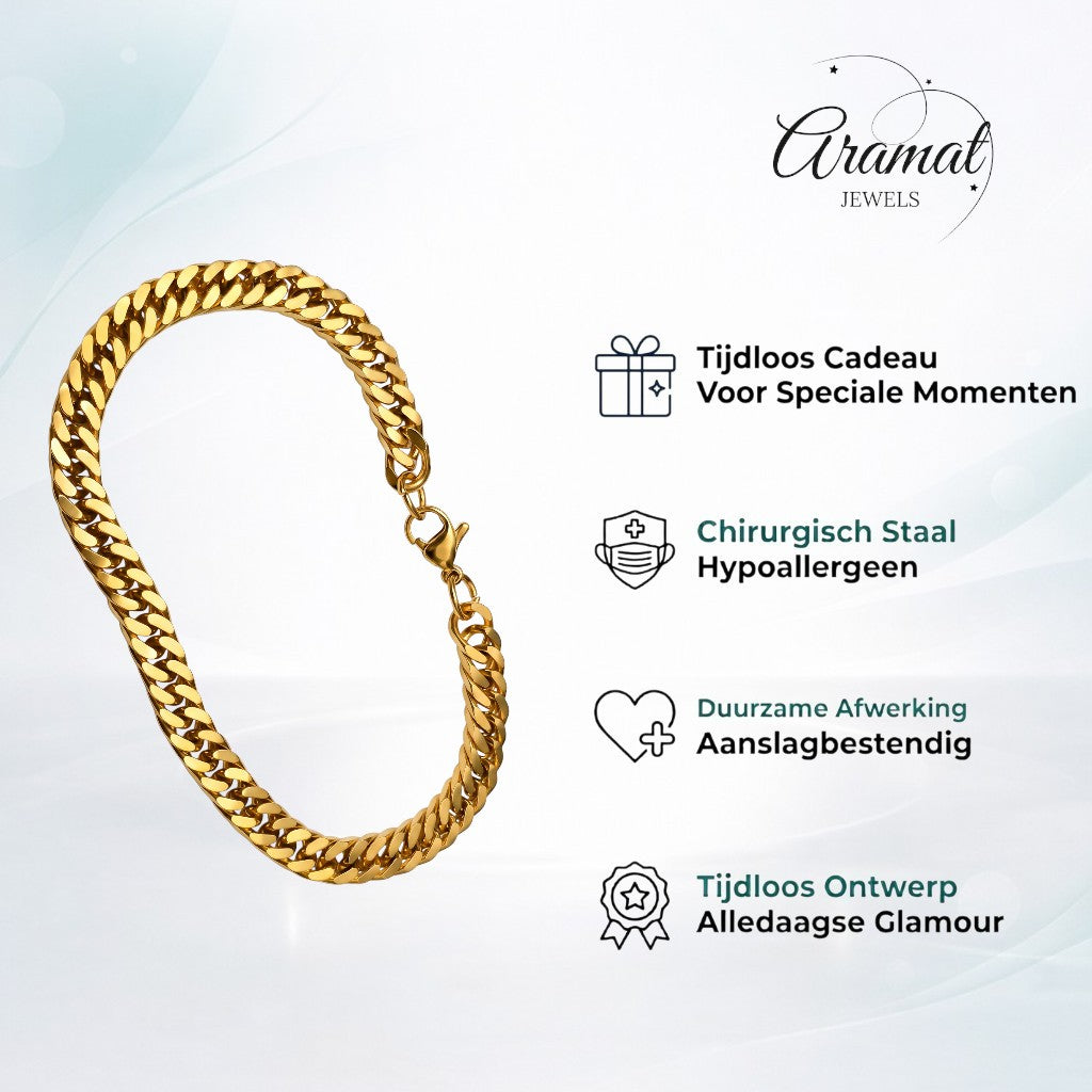 Aramat Jewels goudkleurige dubbele gourmet schakelarmband van staal, 21cm lang en 6mm breed, met karabijnsluiting.