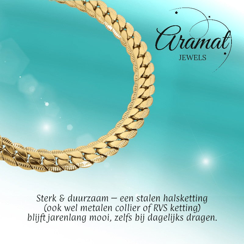 Aramat Jewels goudkleurige stalen gourmet ketting van 6mm breed met een unieke bewerkte rand voor een luxe uitstraling.