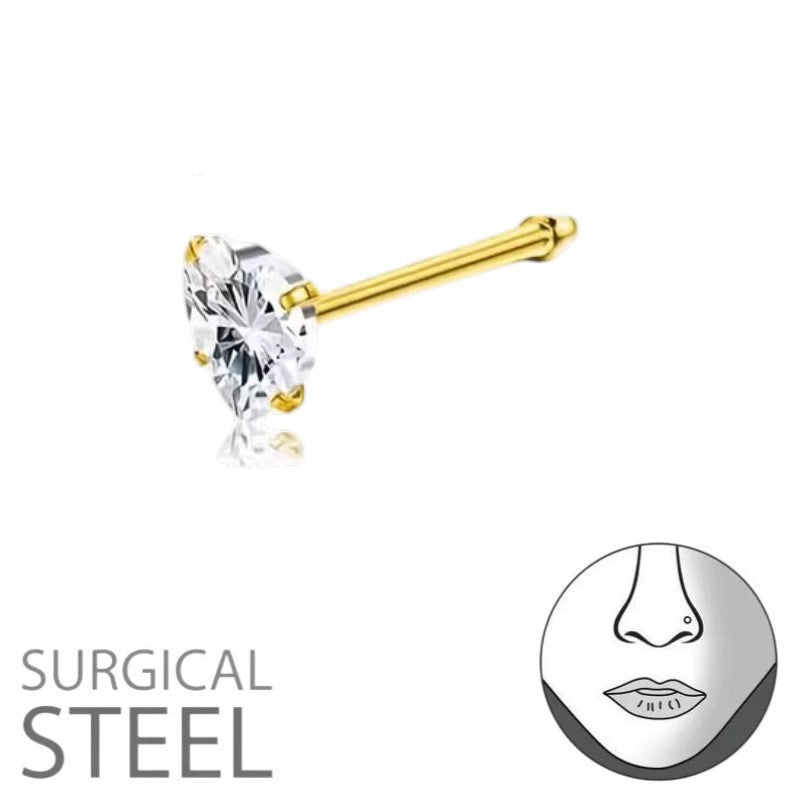 Aramat Jewels goudkleurige neuspiercing met een 3mm hartvormige zirkonia en een recht staafje van roestvrij staal.