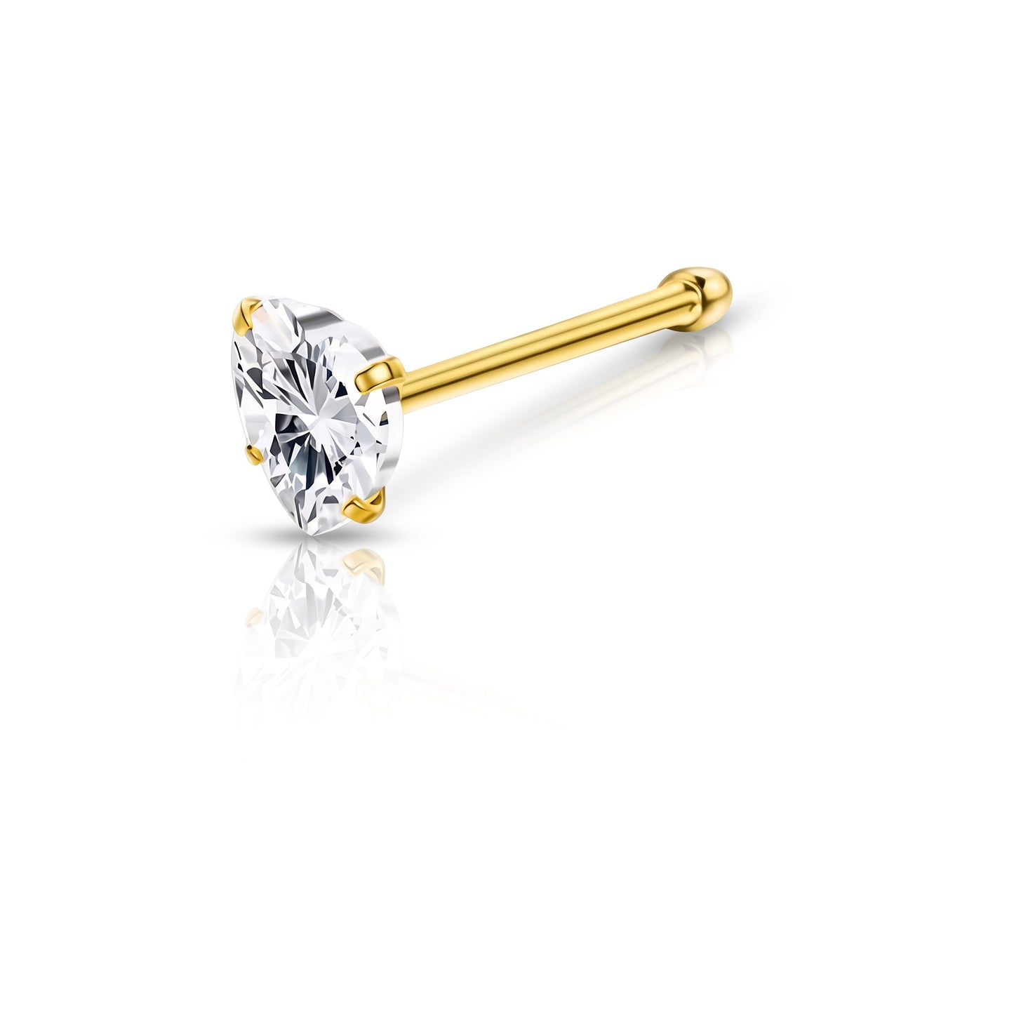 Aramat Jewels goudkleurige neuspiercing met een 3mm hartvormige transparante zirkonia en een recht stalen staafje.
