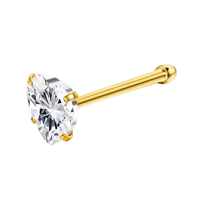 Aramat Jewels goudkleurige neuspiercing met een 3mm hartvormige zirkonia en recht staafje van roestvrij staal.