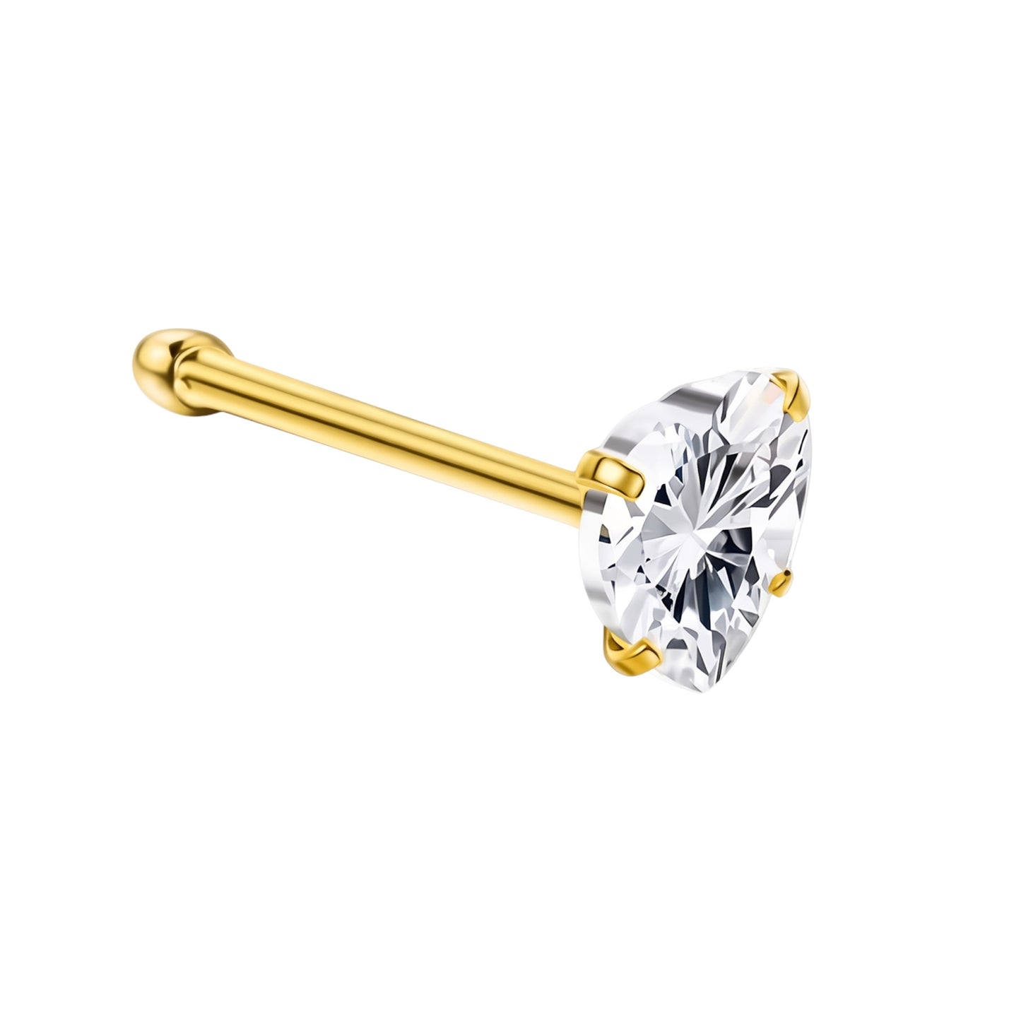 Aramat Jewels goudkleurige neuspiercing met een 3mm hartvormige transparante zirkonia en een recht stalen staafje.