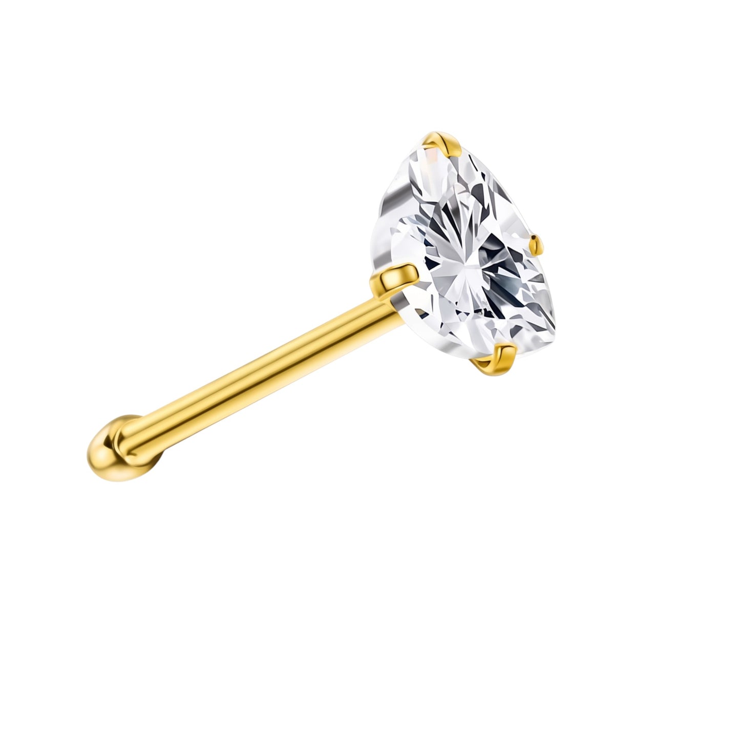 Aramat Jewels goudkleurige neuspiercing met een 3mm hartvormige zirkonia en recht staafje van roestvrij staal.