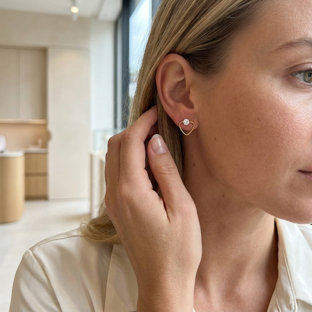 Aramat Jewels goudkleurige open hart oorbellen van 10mm met zirkonia steen, gedragen door een vrouw.