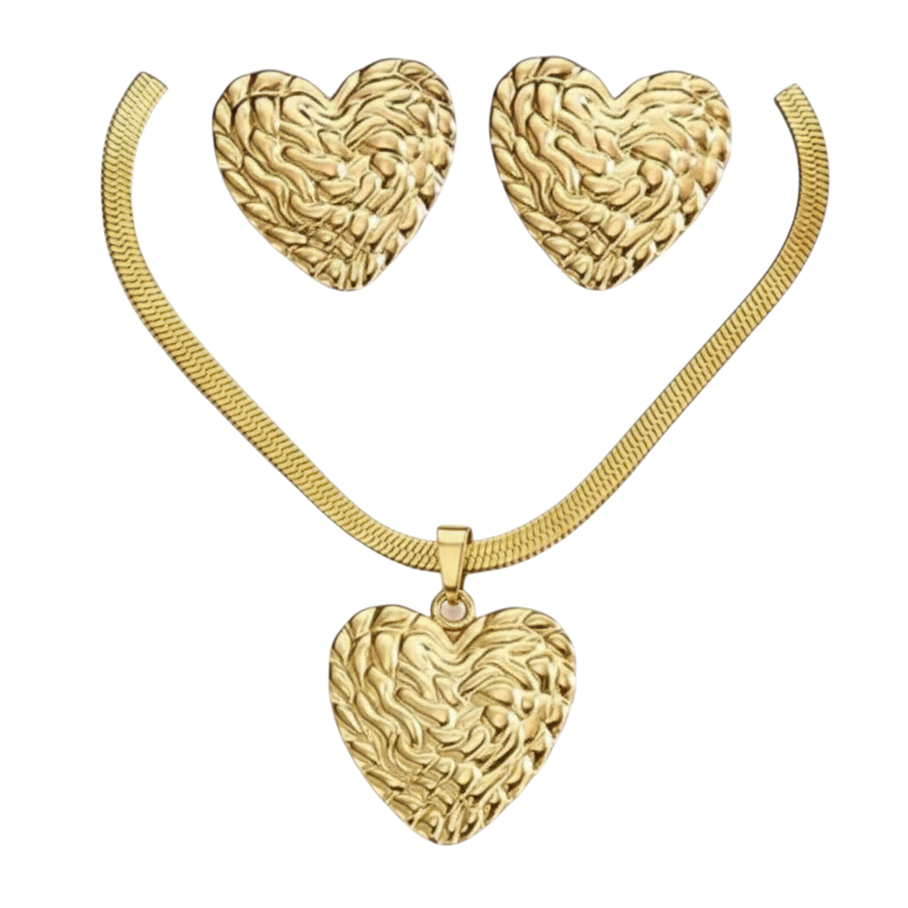 Aramat Jewels goudkleurige RVS sieradenset met bewerkte hartvormige hanger en bijpassende oorbellen aan slangenketting