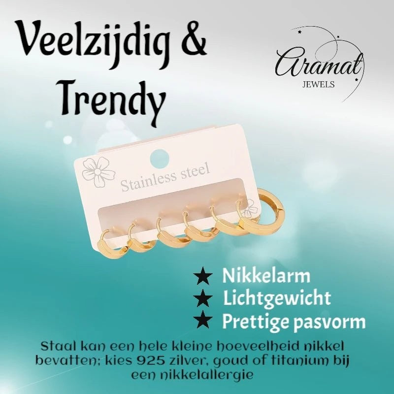 Aramat Jewels set van drie paar goudkleurige roestvrijstalen huggie oorringen in verschillende maten met kliksluiting.