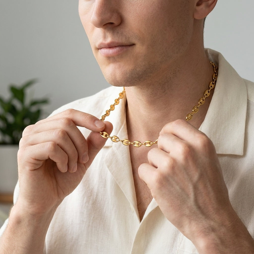 Aramat Jewels goudkleurige stalen koffieboon ketting van 60cm gedragen door een man in een beige linnen overhemd.