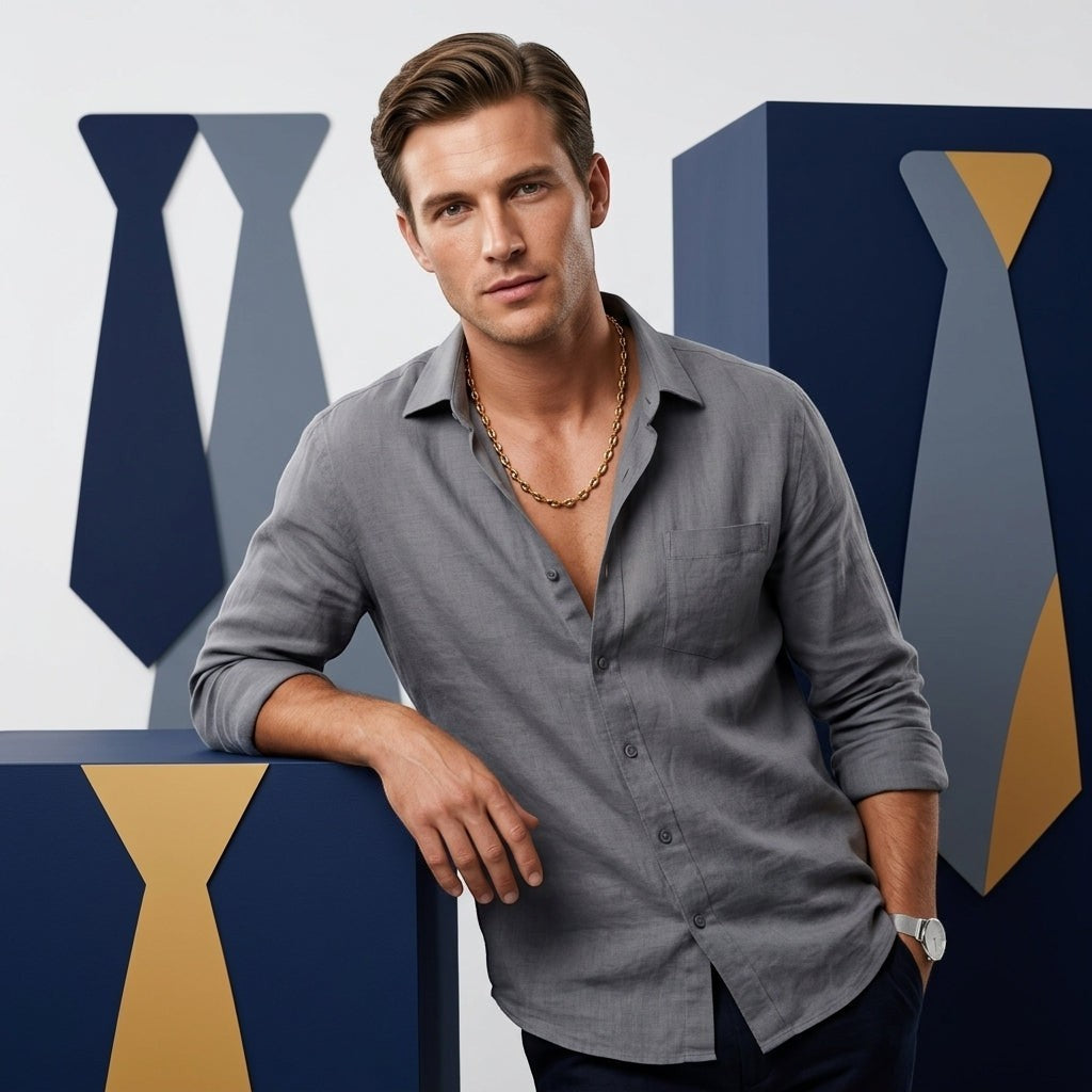 Aramat Jewels goudkleurige stalen koffieboon ketting gedragen door een man in een grijs overhemd voor een blauwe achtergrond.
