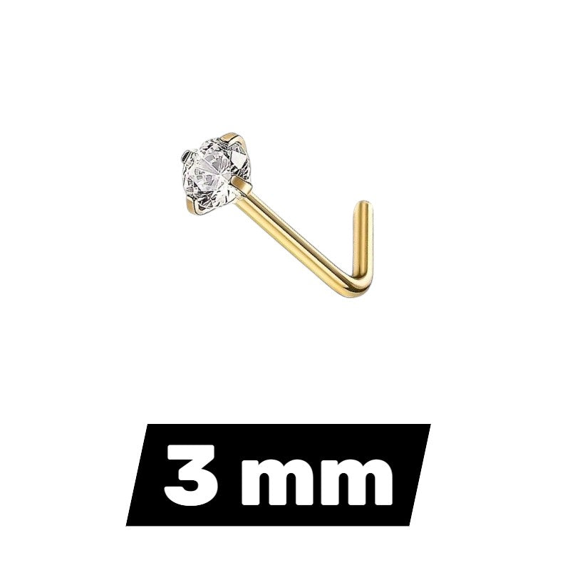 Aramat Jewels goudkleurige neuspiercing met L-staafje van chirurgisch staal en een transparante zirkonia steen van 3mm.