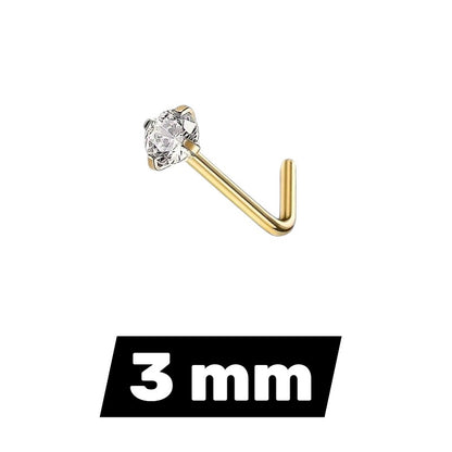 Aramat Jewels goudkleurige neuspiercing met L-staafje van chirurgisch staal en een transparante zirkonia steen van 3mm.