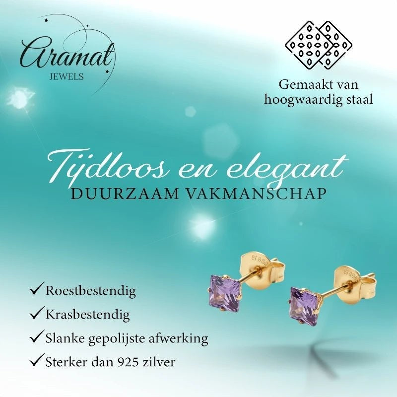 Aramat Jewels goudkleurige oorbellen met vierkante paarse zirkonia (4mm) van roestvrij staal.