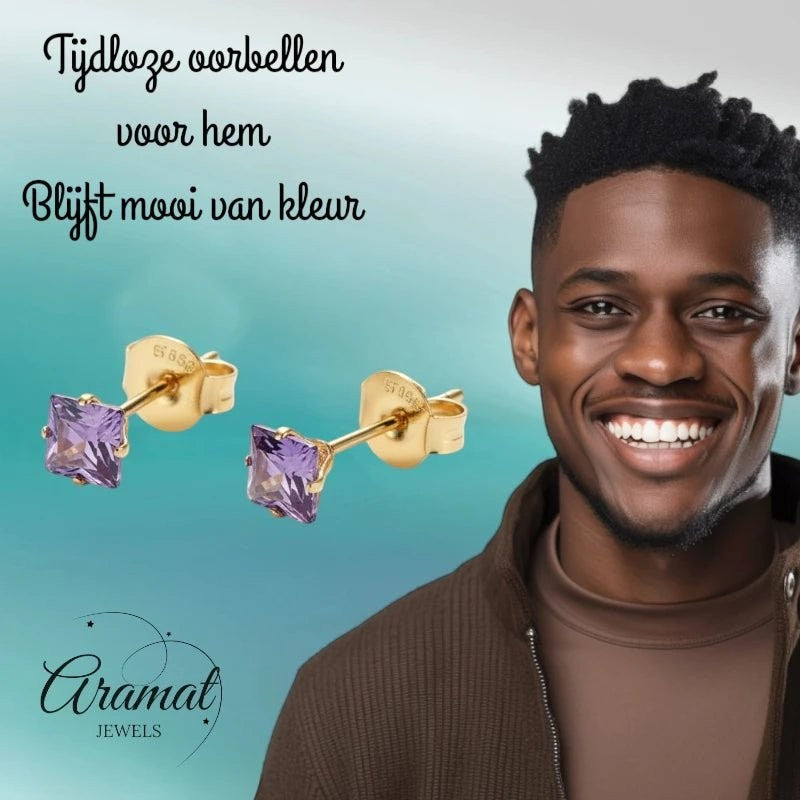 Aramat Jewels goudkleurige oorstekers met vierkante paarse zirkonia steentjes van 4mm.