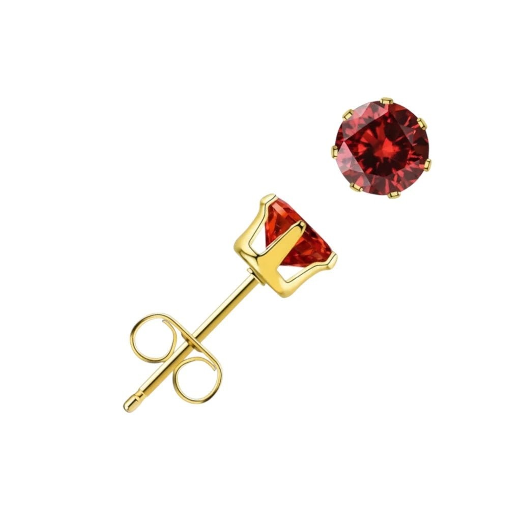 Aramat Jewels goudkleurige RVS oorstekers met rode zirkonia, 3 mm diameter, minimalistisch en elegant.
