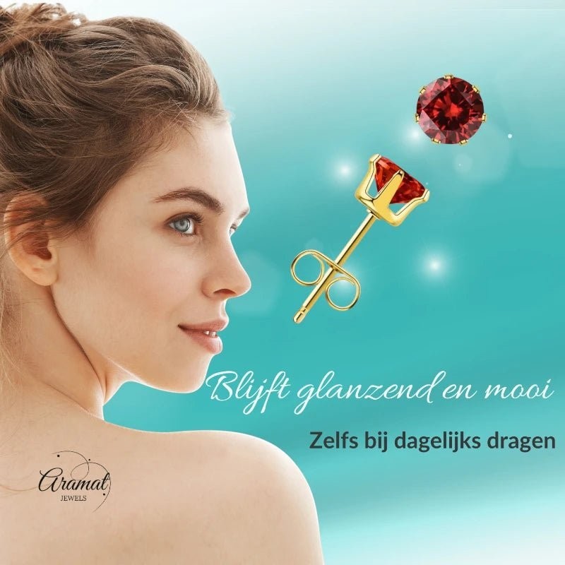 Aramat Jewels® goudkleurige RVS oorstekers met rode zirkonia, 3 mm. Subtiel en elegant.