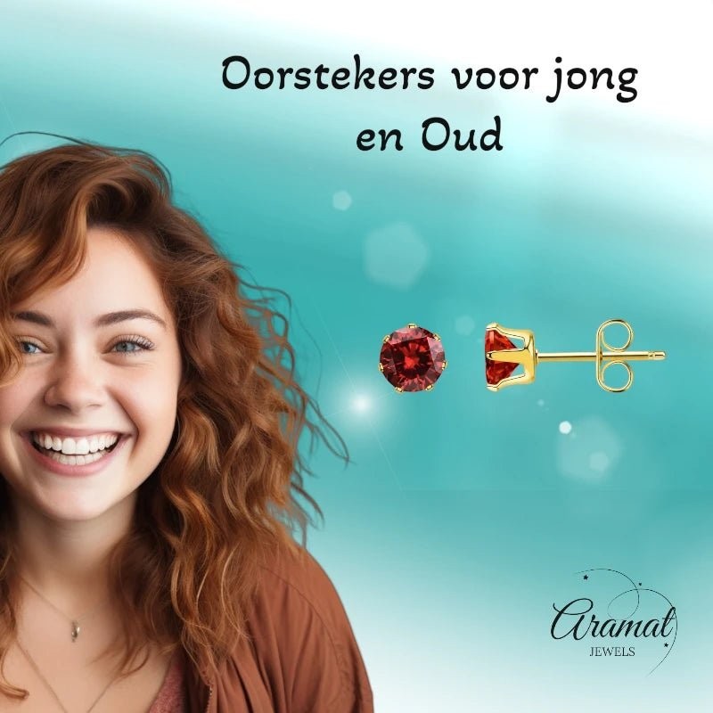 Aramat Jewels goudkleurige RVS oorstekers met rode zirkonia, 3 mm, subtiel en elegant, voor jong en oud.