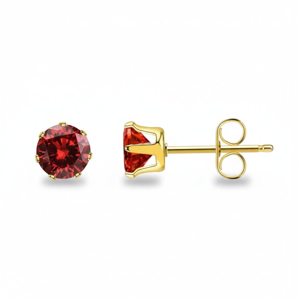 Aramat Jewels goudkleurige RVS oorstekers met 3 mm rode zirkonia, subtiel en elegant.