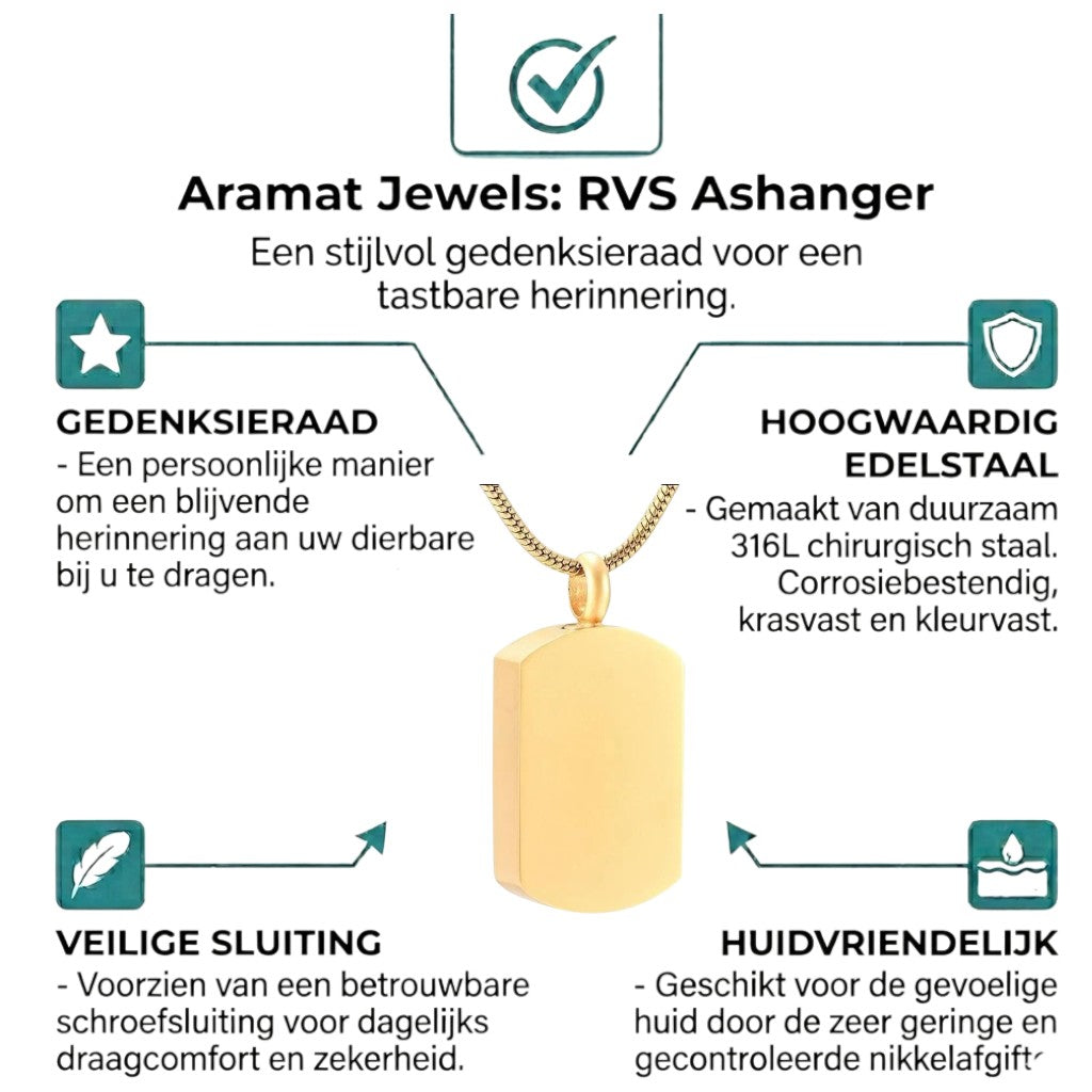 Aramat Jewels® goudkleurige rechthoekige ashanger van staal, zonder ketting. Een stijlvol gedenksieraad.