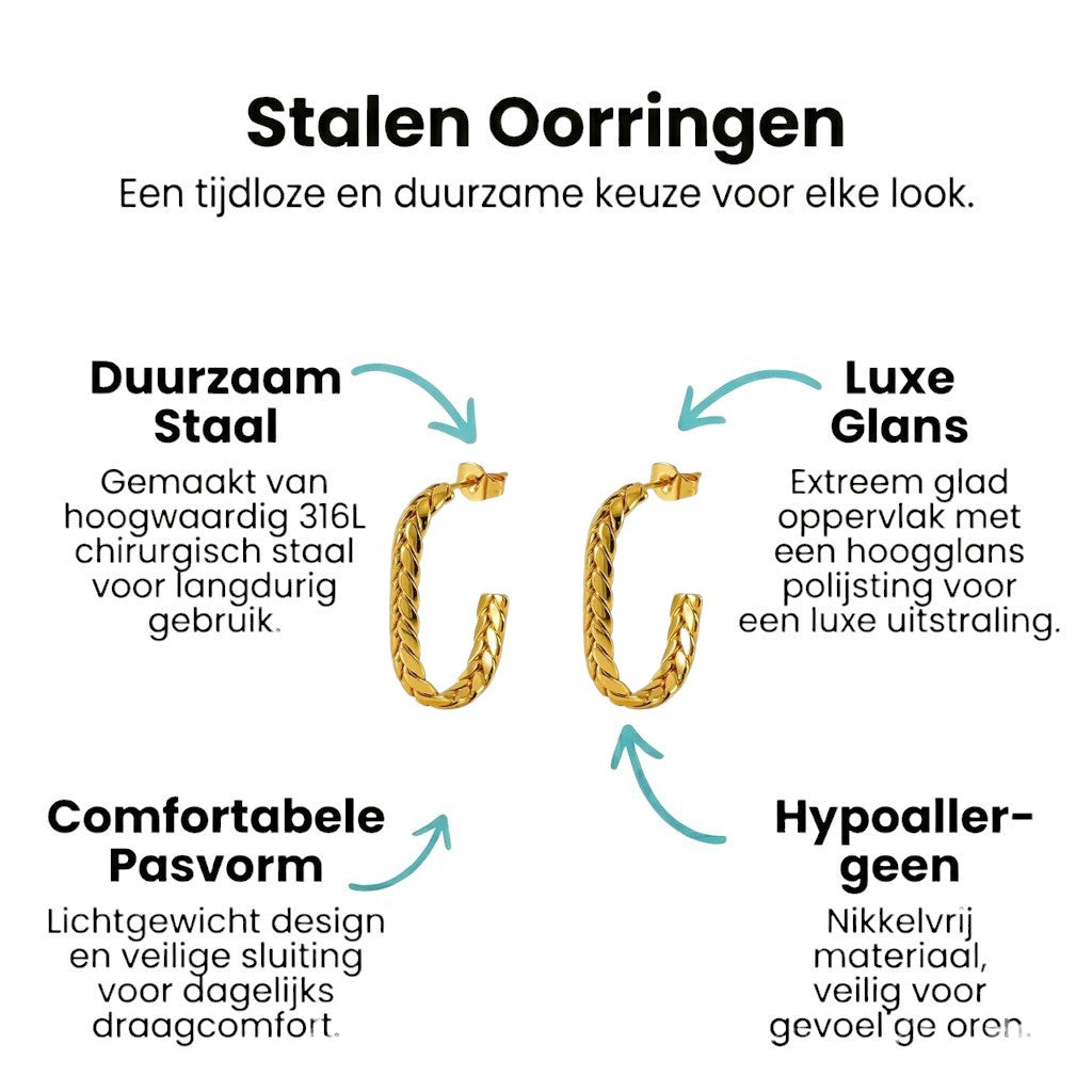 Goudkleurige Aramat Jewels oorstekers in rechthoekige vorm met een gedetailleerd gourmetschakel-motief van RVS.