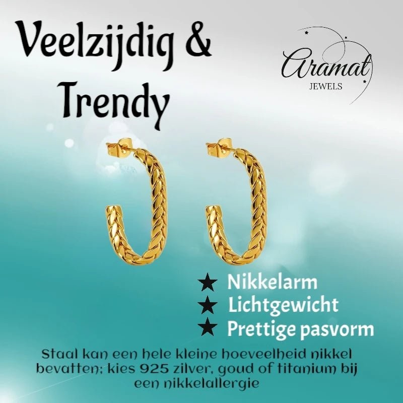 Aramat Jewels goudkleurige rechthoekige oorstekers met gourmetschakel-structuur, gemaakt van roestvrij staal.