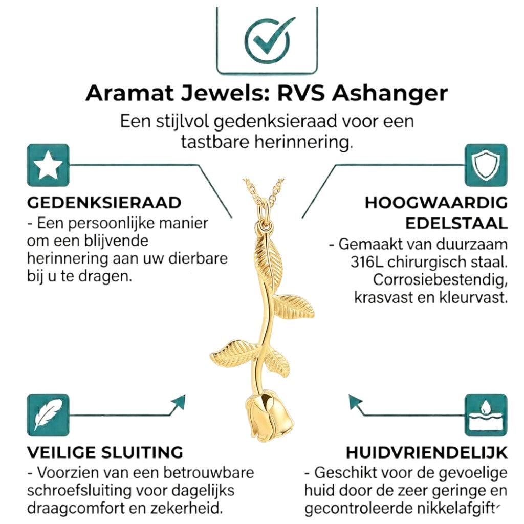 Aramat Jewels goudkleurige ashanger in de vorm van een roos, gemaakt van RVS, 45x23mm.