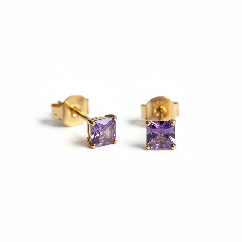 Aramat Jewels oorbellen van goudkleurig roestvrij staal met vierkante paarse zirkonia steentjes van 4mm.