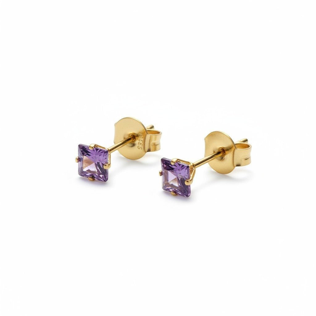 Aramat Jewels oorbellen van goudkleurig RVS met vierkante paarse zirkonia steentjes van 4mm.