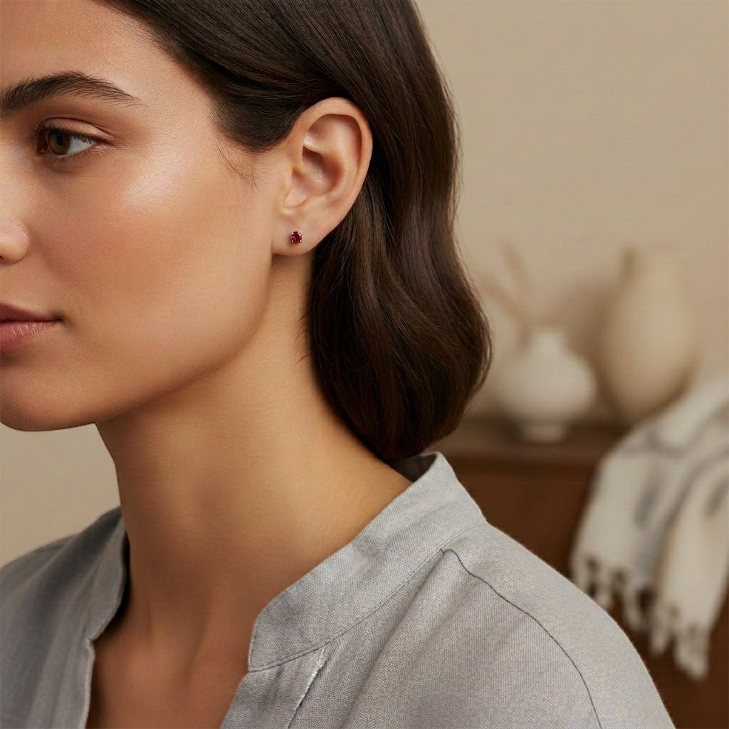 Aramat Jewels Goudkleurige RVS oorstekers met rode zirkonia van 3 mm, subtiel en minimalistisch.