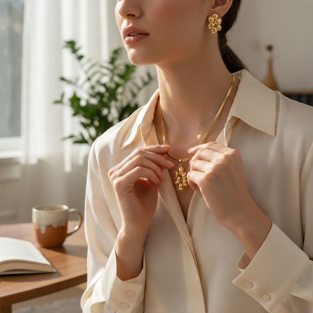Aramat Jewels goudkleurige RVS sieradenset met ovale halve bollen hanger en bijpassende oorbellen gedragen door model