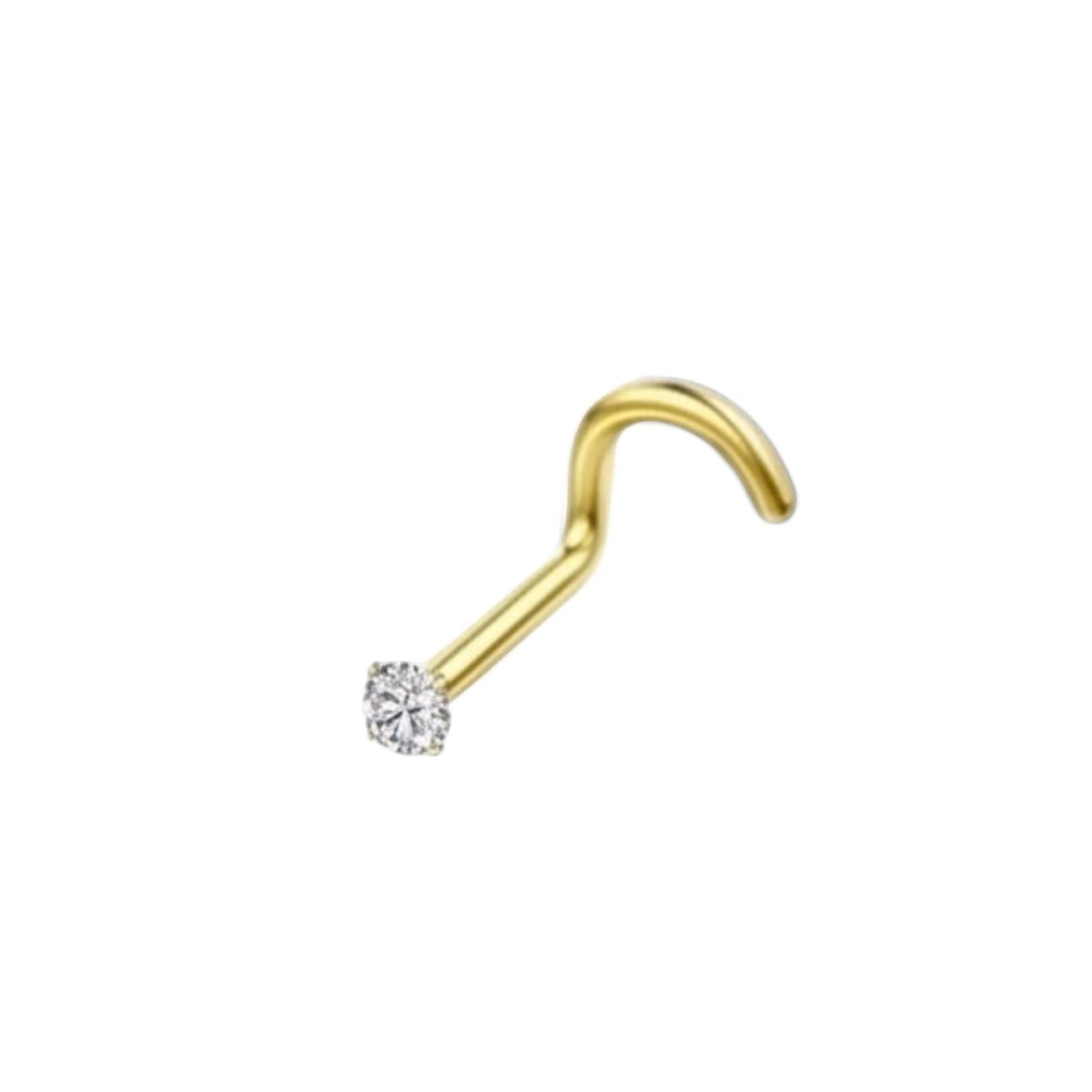 Aramat Jewels goudkleurige neuspiercing met transparante zirkonia en S-vormig staafje van chirurgisch staal.