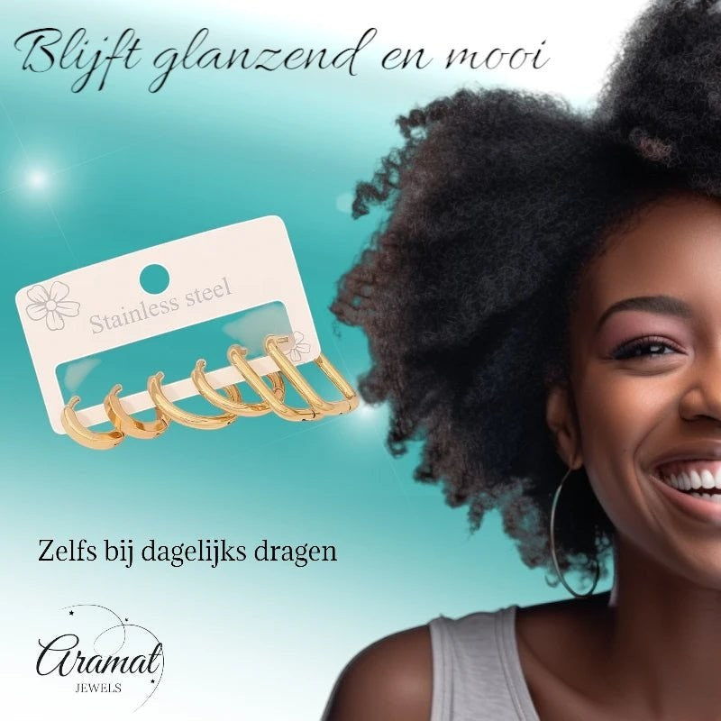 Aramat Jewels goudkleurige stainless steel oorringenset met drie paar ronde en rechthoekige hoops voor een earparty.