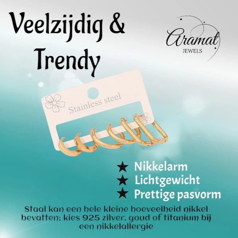 Aramat Jewels goudkleurige stainless steel oorringenset met twee ronde en één rechthoekig paar op een displaykaart.
