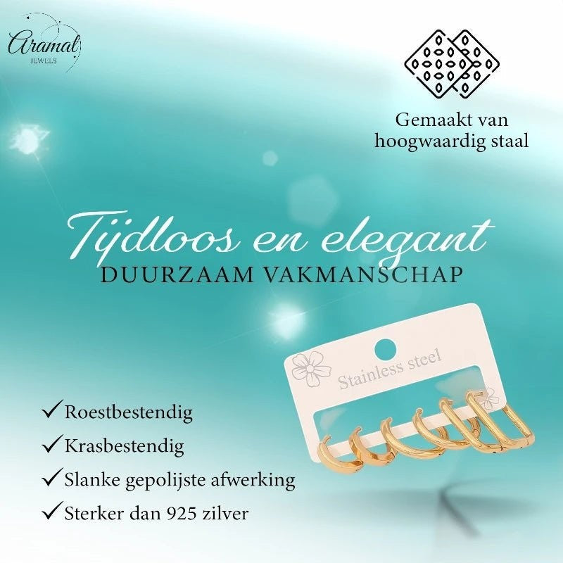 Aramat Jewels goudkleurige stainless steel oorringenset met drie paar ronde en rechthoekige hoops voor een earparty.