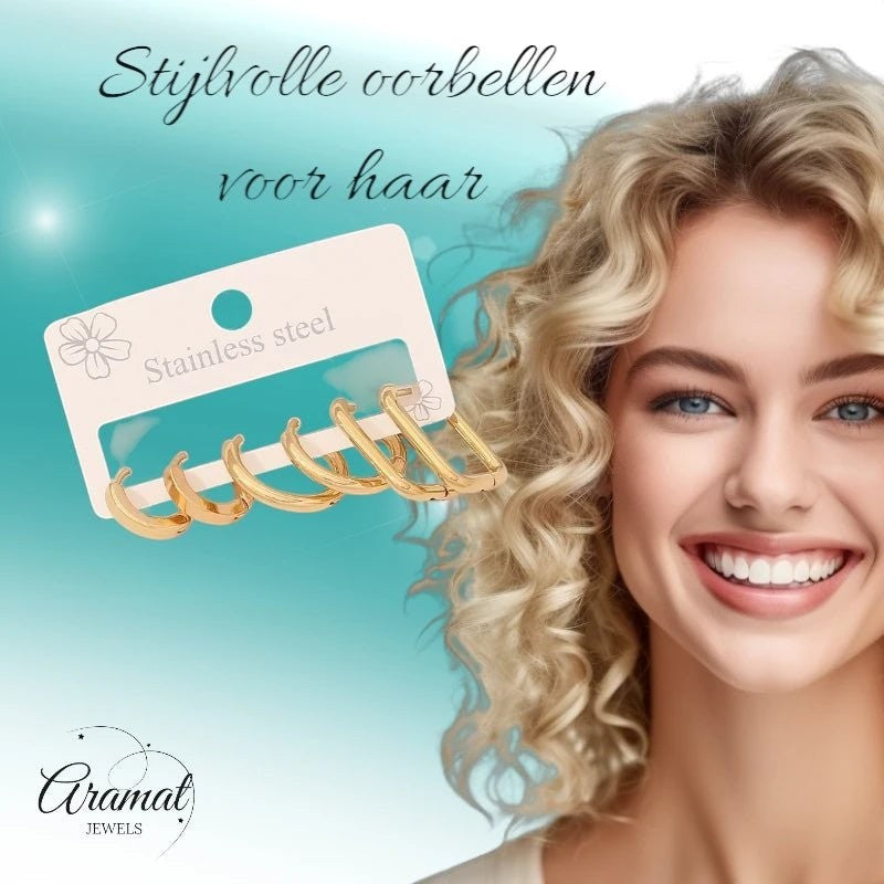 Aramat Jewels goudkleurige stainless steel oorringenset met twee ronde en één rechthoekig paar voor een stijlvolle earparty.