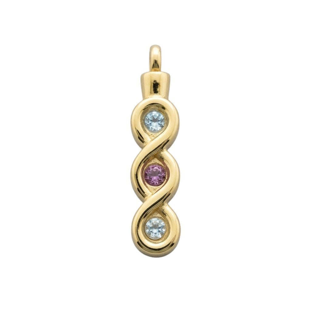 Aramat Jewels® goudkleurige stalen ashanger met zirkonia en blauwe steentjes, infinity design, zonder ketting.