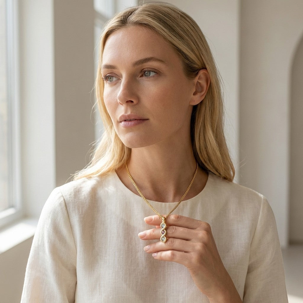 Aramat Jewels® goudkleurige stalen ashanger met zirkonia, gedragen door een vrouw met blond haar.