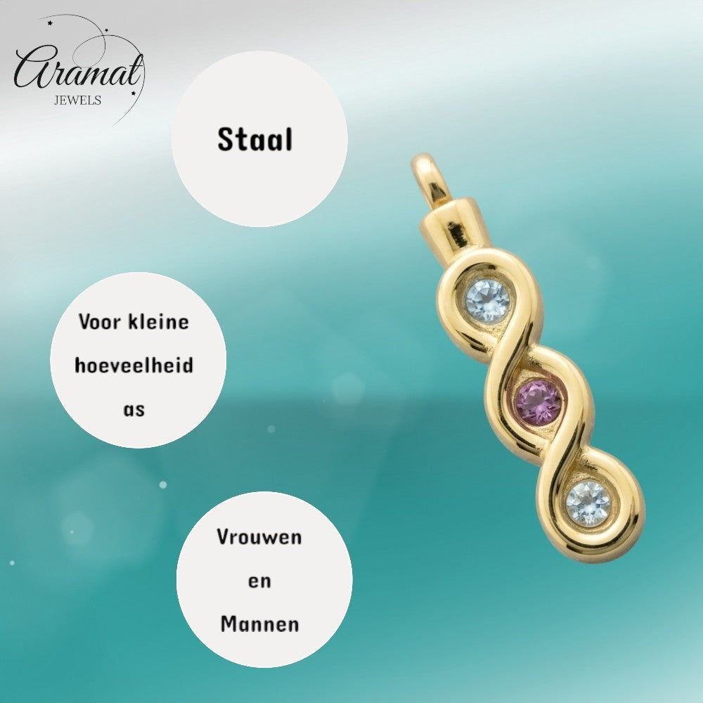 Aramat Jewels® goudkleurige stalen ashanger met zirkonia en infinity design, 2 blauwe en 1 roze steen
