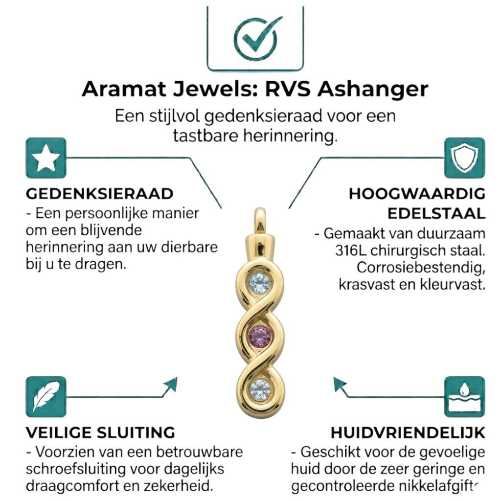 Aramat Jewels® goudkleurige stalen ashanger met zirkonia en infinity design, 2 blauwe en 1 roze steen.