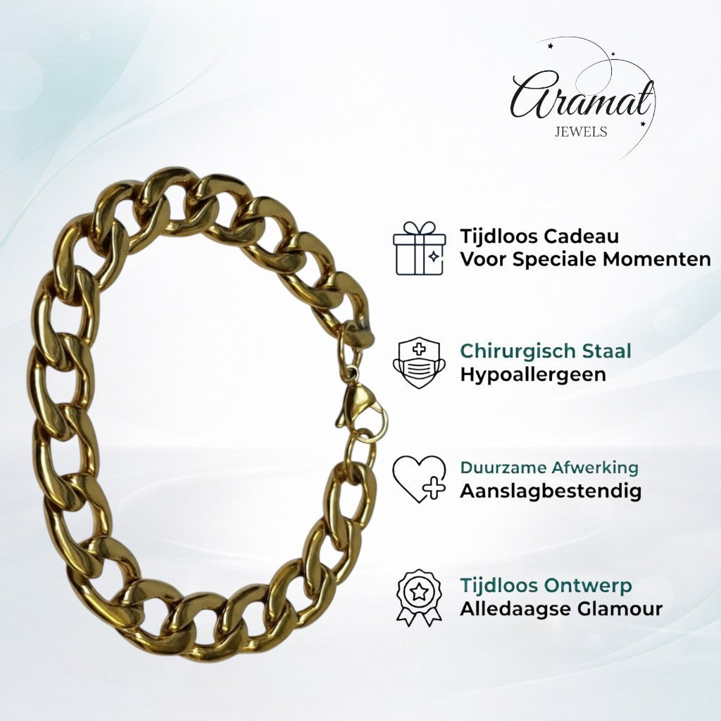 Aramat Jewels goudkleurige gourmetarmband van 316L roestvrij staal met een breedte van 12 mm en een lengte van 22 cm.